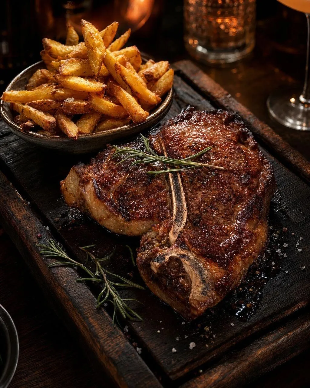 Gegrilltes Steak mit Pommes und Rosmarin auf Holzbrett serviert im The Dom Konstanz