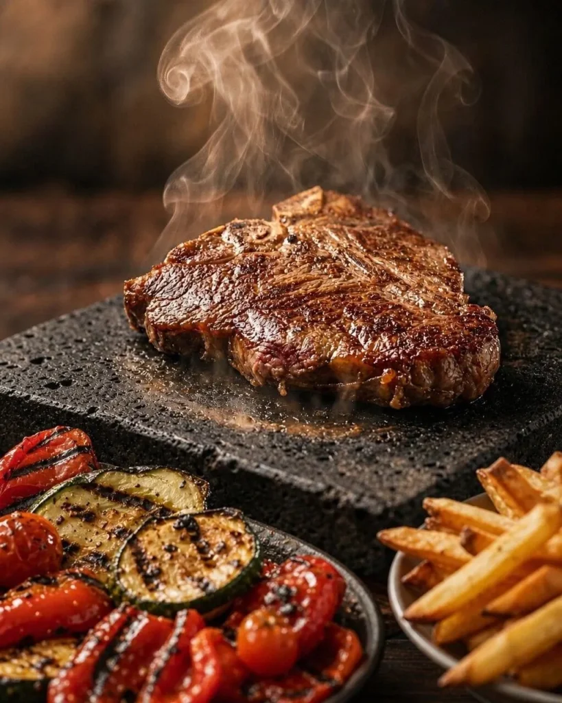 Fiorentina-Steak auf heissem Lavastein mit Grillgemuese und Pommes im The Dom Konstanz