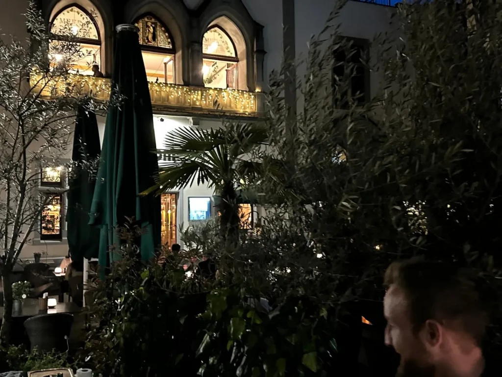 Naechtlicher Innenhof von The Dom Konstanz mit Olivenbaeumen, Palmen und beleuchteten gotischen Bogenfenstern