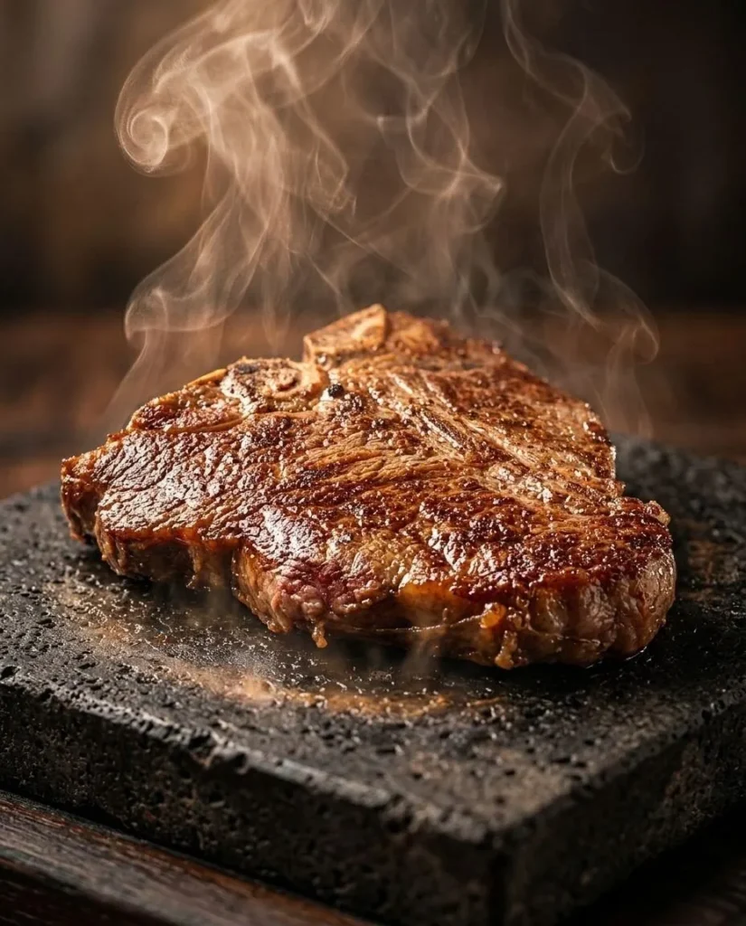 Dampfendes Steak auf heissem Lavastein zubereitet im Restaurant The Dom Konstanz