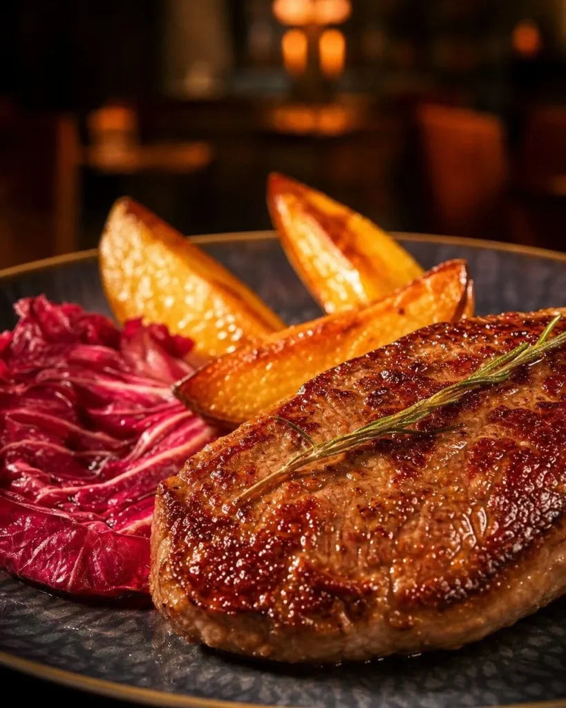Perfekt gegrilltes Steak mit Rosmarinzweig und goldenen Kartoffelecken im The Dom Konstanz