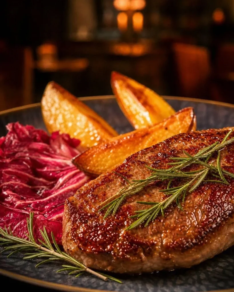 Saftiges Rindersteak mit frischem Rosmarin, Radicchio und Kartoffelecken im The Dom